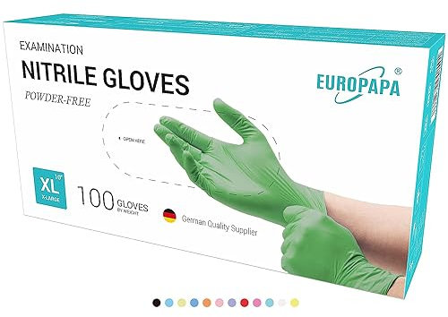 EUROPAPA® Lot de 200 gants jetables en nitrile non poudrés EN455 EN374 - Sans latex - Tailles S, M, L et XL (XL, Vert)