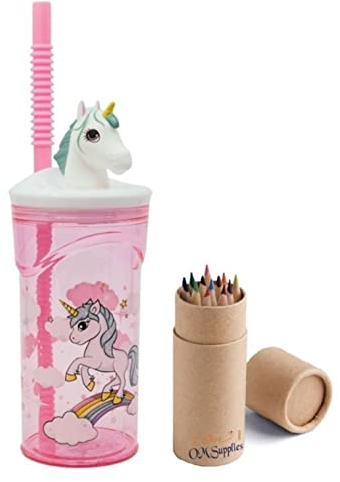 OM SUPPLIES Figura 3D de unicornio con personajes de dibujos animados, vaso reutilizable para niños, pajita de 23 x 7,5 x 7,5 cm, incluye juego de 12 lápices de tamaño medio (unicornio)