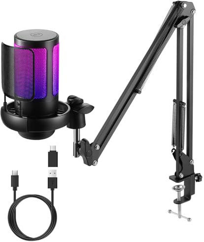 FerBuee USB PC Gaming Microphone with RGB Light, Mute Button, Volume Control, 3.5mm Headphone Jack. Compatible with Windows, Mac OS, Smartphones, PS4/PS5 (Black-with Cantilever Bracket)