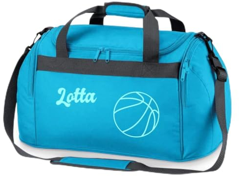 Sporttasche mit Namen Bedruckt für Kinder | Personalisierbar mit Motiv Basketball | Reisetasche Duffle Bag für Mädchen und Jungen Sport (türkis)