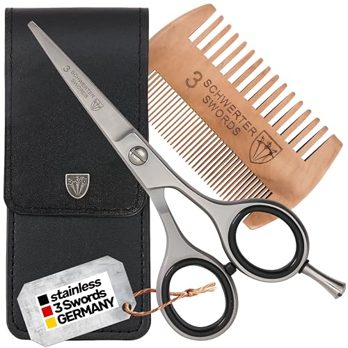 3 Swords Germany – Professional Beard Hair Scissors, Stainless Steel, Straight Blade, Sharp, with Wooden Beard Comb with case