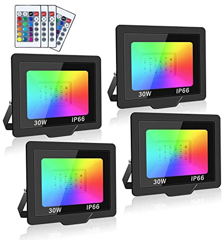 SKYWORLD Projecteur LED Couleur 4 pièces,30W Projecteur RGB Exterieur avec 4 Modes Fonction Mémoire & Télécommande RGBW Lumière de Projecteur Etanche IP66 pour Patio Garage Jardin Terrasse Usine