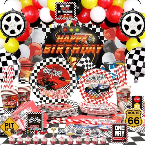 Race Car Birthday Party Dekorationen, Happy Birthday Racing Car Backdrop, Luftballons, Geschirr, Car Party Schilder, Tischdecke für Kinder Jungen, Let's Go Racing, Checkered Party Supplies, Serves 20