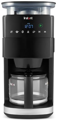 Instant Grind & Brew Kaffeemaschine, 24 Stunden programmierbar, 12 Tassen, integriertes einstellbares Bohnenmahlwerk, wiederverwendbarer Filter, Digitalanzeige, Wasserfilter, Glaskaraffe, Warmhalten