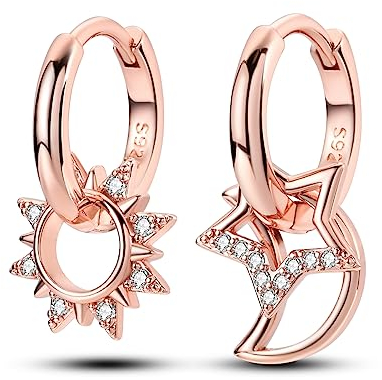 NARMO 925 Sterling Silber Hoop Ohrringe 14K Rose Gold Star&Moon Hoop Ohrringe für Frauen Sonne Ohrringe