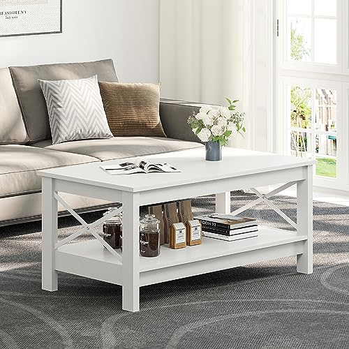 YITAHOME Couchtisch, Wohnzimmertisch, 2-stöckiger Dicker Holz Rechteckiger Couchtisch, X-Form Metal Side Support, Stabil 100x55,3x45cM (Weiß)