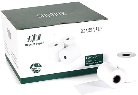 Supfive Thermorollen 57mm x 40mm x 14mm x 19.5 Meter (50 Rollen)-Thermopapier Bonrollen für alle gängigen Thermopapier Kassen-Bondrucker-Kassenrollen