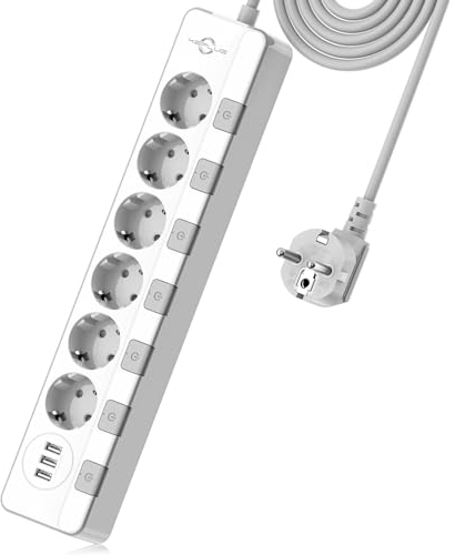 Multiprise Electrique (4000W/16A), KEPLUG Multiprise Parafoudre 500J avec Interrupteurs Individuels a 4 Prises et 3 Ports USB (2.4A), Multiprise USB avec 2M Cordon pour Maison Bureau (6AC)