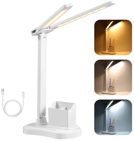 Vinabo LED Lámpara de Escritorio, 3 Brillo 3 Colores Flexo Led Escritorio, Carga USB Luz de Escritorio para Lectura Estudio Plegable, Táctil, Regulable, Niño, Dormitorio,Cabecera,Oficina