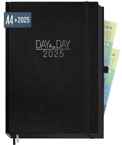 Häfft® Organizer Day by Day Maxi 2025 A4 “Schwarz” 1 Tag 1 Seite - Tageskalender, Tagesplaner, Terminkalender, Terminplaner, Buchkalender - nachhaltig & klimafreundlich