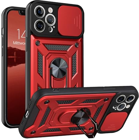 LBH Armor Hülle kompatibel mit Apple iPhone 12 Pro Case mit Kameraschutz Outdoor Stoßfest Handyhülle 360 Grad Metal Ring Halter Ständer Schutzhülle für Handyhalterung Auto Magnet Rot