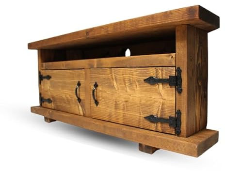 BLU Coast Hale Solid Wood Corner Tv Unit with Doors, Widescreen Open Shelf Rustic Media Cabinet, Storage for Sound Bars, Gaming Consoles and Home Electronics 100lx40Dx50H – Dark Oak