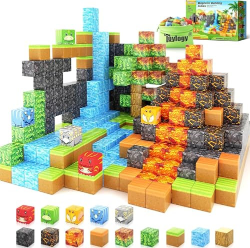Toylogy Magnetische Bausteine Dinosaurier Spielzeug - Build Mine Magnet Welt Vulkan Edition, Kinderspielzeug für Jungen und Mädchen ab 3+ Jahren, Jurassis Montessori Spielzeug, Geschenke für Kinder