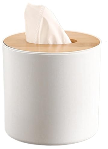 Round Tissue Box with Bamboo Lid Decorative Waterproof Toilet Paper Roll Cover for Bedroom, Dinner Table, Office,Kitchen Bathroom Tissue Box Cover, Round Tissue Box