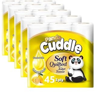 Panda Cuddle 3-Ply Soft Quilted Scented Toilet Rolls - 45 Lemon Scented Premium Bathroom Rolls for Luxurious Comfort and Hygiene