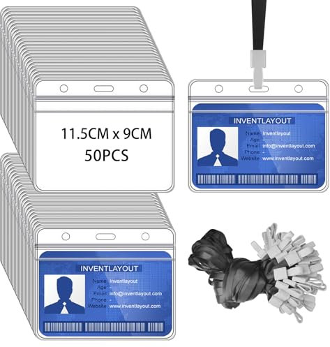 FZENeast 50 Stück Ausweishülle mit Band, Transparente Wasserdicht Horizontal Kartenhülle mit Schlüsselband für Ausstellung Büro Schule(Schwarz)