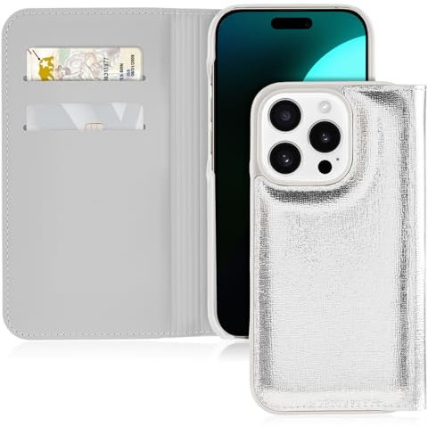 kate spade new york Wallet Folio iPhone 16 Pro Case - Compatible with Wireless Charging - Designer Phone Case - Metallic Silver