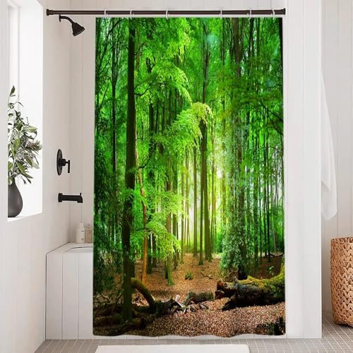 Uiiooazy Duschvorhang 120x200cm, Duschvorhang Anti Schimmel Grüne Blätter Frühling Herbst Wald Landschaft Duschvorhänge Stoff Waschbar Wasserdicht Polyester Bad Vorhang mit 8 Haken für Badezimmer
