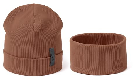 Bubalove Babymütze und Babyschale Set | Kinder Cap und Schal für Kleinkind | Baumwollmütze Schalmütze Kinder | Übergangsmütze Beaniebabys Baumwoll Mütze Kleinkinder | G: 2-5 Jahre Walnuss