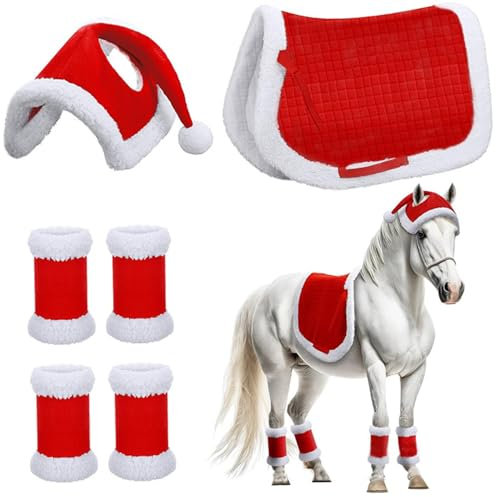 Hperu 6PCs/Set Horse Hut, Weihnachtskostüme beinhalten Weihnachten Santa Red Horse Hut, 4pcs Horse Bein Wraps & Horse Sattel, weiche Dicke Plüsch -Weihnachtskostüme für Weihnachtspferde Dekor