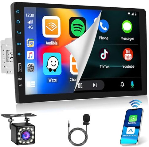Ohradio Radio Coche 1 DIN con Carplay Inalámbrico y Android Auto Inalámbrico, Pantalla Táctil de 9 Autoradio 1 DIN Bluetooth Enlace Espejo USB Radio FM Control del Volante Cámara Trasera