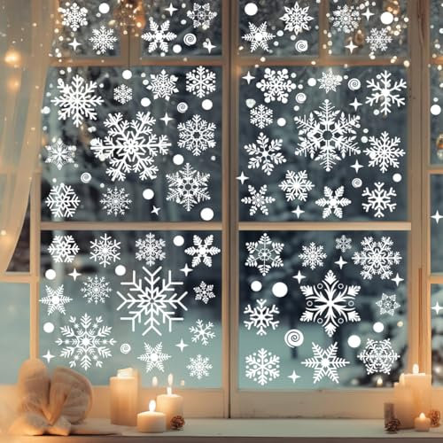 256 Pcs Schneeflocken Aufkleber, Fensterbilder Weihnachten Selbstklebend, Wiederverwendbare Winter Fensterbilder, für Glas Kinderzimmer Fensterfolie