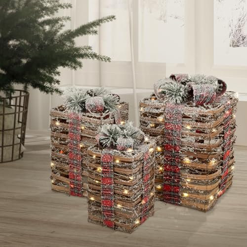 ECD Germany Set di 3 Scatole di Regalo a LED Marrone in Rattan a Batteria con Timer Decorazione Natalizia Decorazione Albero di Natale Luminosa Scatola Regalo Scatole Nastri Decorativi
