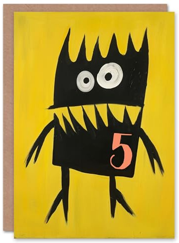 Artery8 Cute Monster Cartoon 5th Five Age 5 Year Old For Child Kids Birthday Card