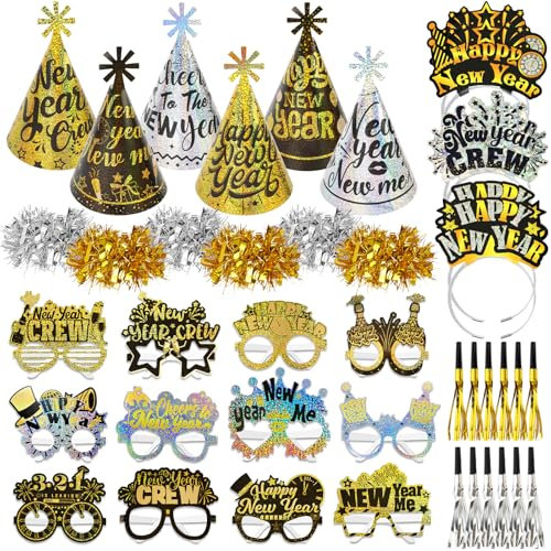 DPKOW 42 STK Glitzer 2026 Silvester Accessoires, Laser Haarreif Silvester Partyhüte Brillen Silvester Armband Partytröten für Neujahr 2026 Silvester Party Zubehör Gadget Glitzer Schwarz Gold Silber