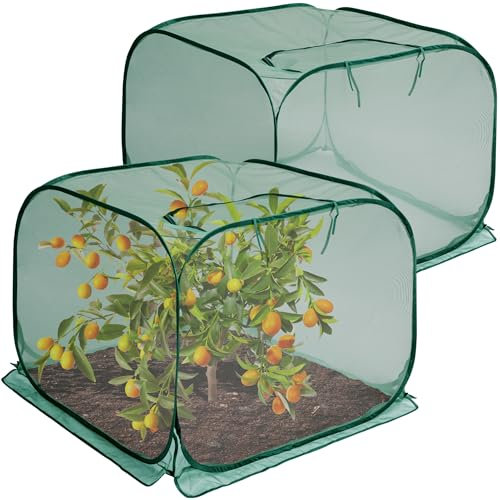 2 Pcs Pop Up Mesh Plant Cover, 35 x 35 x 27.5 Foldable Plant Protector Mesh Plant Enclosure, Garden Net Cage Guard Cover with 8 Ground Stakes for Protecting Plant Vegetable Fruit from Birds Insects