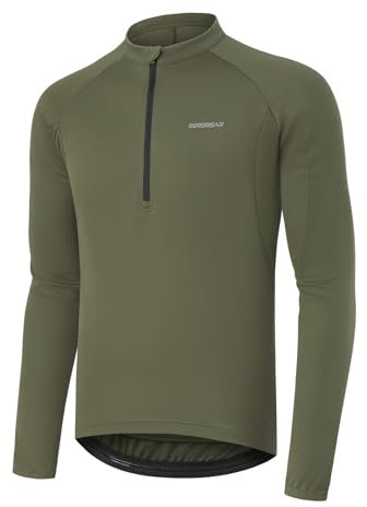 BERGRISAR Halb-Reißverschluss Radtrikot Fahrradtrikot für Herren Langarm MTB Mountainbike Trikots Loose-fit Armee-Grün X-Large