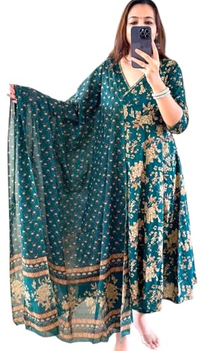 RangMahal Anarkali Kurta Ensemble pantalon et dupatta avec dori latéral pour femme, vert bouteille, X-Large