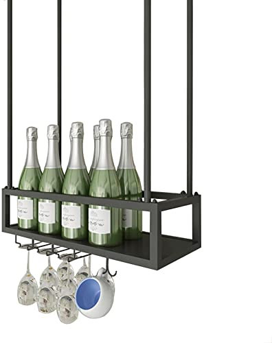 OGLFGLNY Métal-Caisson en métal avec Un Porte-vin Suspendu avec Un Porte-Verre en Verre étagère de Rangement de Bouteille de vin Noir pour Bars cafés et Cuisines 60x25x21cm