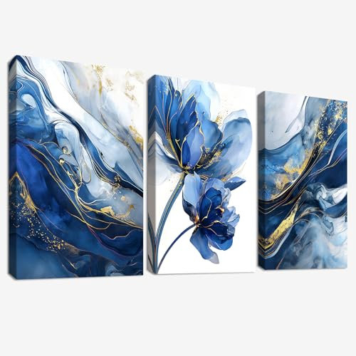 3Pcs Aquarell Gold Blau Lotusblume Mit Rahmen Leinwand Bilder Abstrakt Marineblau Marmor Bild auf Leinwand Malerei Wandbilder Wandposter Wohnzimmer Schlafzimmer Badezimmer Wanddeko 50x70cm x3pcs