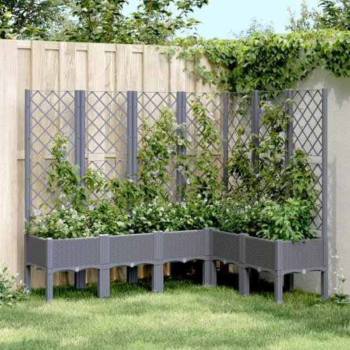 Fasba Pflanzkübel mit Rankgitter, Blumenkübel mit Rattan-Optik, Blumenkasten für Terrasse Garten, Gartenspalier Pflanzkasten, Grau PP 160 x 120 x 142 cm
