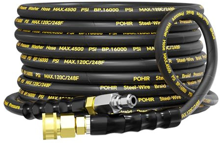 POHIR Pressure Washer Hose 25ft 4500PSI, 5/16'' Power Washer Hose Steel Wire Braided 3/8'' Swivel Quick Connect, Commercial Grade Industrial High Pressure Water Washing Hose