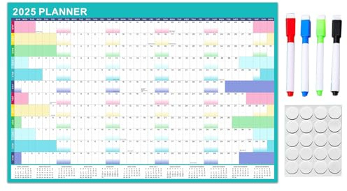 Der Wandkalender 2025 ist ein jährlicher Wandplaner, 90 x 60 cm, mit löschbaren Markern und selbstklebenden Aufklebern