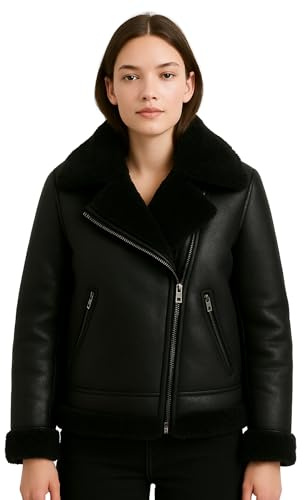 TRESSANO Bomber da donna in pelle di montone nero – vera pelle di agnello con colletto in pelliccia sintetica e fodera calda cappotto invernale, nero, Medium