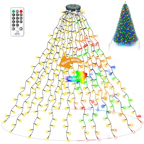 litogo Lichterkette Weihnachtsbaum mit Ring, 3M 16 Stränge 480LED Christbaumbeleuchtung 11 Modi, Wasserdicht Weihnachtsbaumbeleuchtung Innen Außen für Weihnachten Tannenbaum Warmweiß & Mehrfarbig