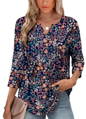 Desol 3/4 Sleeve Top for Women UK V-Neck Ladies Blouse Shirt with Curved Hem Tunic Tops Casual Office