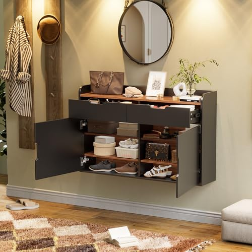 MSFE Hängender Schuhschrank Schmal Flurschrank, Schuhaufbewahrung Holz Platzsparender, Schuhschrank Schwarz mit Schublade, für Eingang, Wohnzimmer, Flur,100 x 63 x 22 cm (BxHxT)