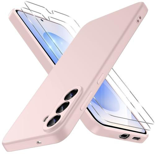 Qasyfanc Coque pour Samsung Galaxy S26 5G avec 2 Pièces Verres Trempés, Housse Etui de Protection Complète du Corps en Silicone TPU Souple Liquide, Mince Élégante Antichoc Anti-Empreintes, Rose