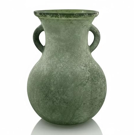 Green Glass Vase with Handles, 20cm Vintage Frosted Decor Vase for Flowers | Sage Green Flower Vase, Rustic Decorative Vase for Living Room, Office, Kitchen, Bedroom, Coffee Table