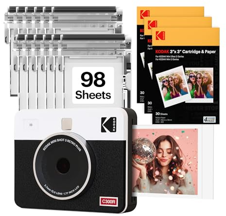 KODAK Mini Shot 3 Instant Camera, Photo Printer, 98 Sheets, White | Bluetooth, iPhone & Android Smartphone Compatible, 13MP Camera, Retake Before Printing, Water, Fingerprint & Fade Resistant