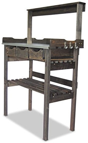 GreenSeason.de Wooden Potting Table with 3 Drawers and galvanised metal work surface BLACK W78 x D38 x H82/113 cm