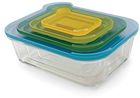 Joseph Joseph Nest Glass Set of 4 Food Storage Containers with lids, Stackable, Space Saving Design, Oven, Freezer, Microwave and Dishwasher safe