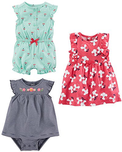 Simple Joys by Carter's 3-Pack Romper, Sunsuit and Dress Infant Toddler, Bleu Marine Rayures/Rose Fleuri/Vert Menthe Cerise, 12 Mois (Lot de 3) Bébé Fille