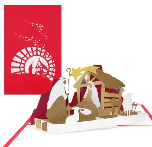 Weihnachtskarte „Krippe mit Stern“ - 3D Pop Up Karte mit Weihnachtskrippe – handgefertigte Papierkunst