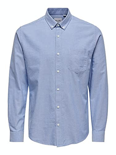 Camisa de Hombre ONLY&SONS Ajustada Manga Larga Estilo Oxford Elegante cómoda Camisa Masculina, Color:Azul-3, Talla:L