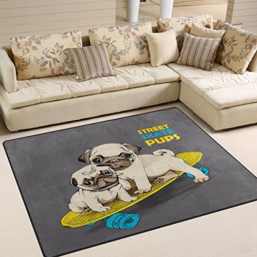 Use7 Teppich mit Mops-Motiv auf Skateboard, für Wohnzimmer, Schlafzimmer, 160 x 122 cm
